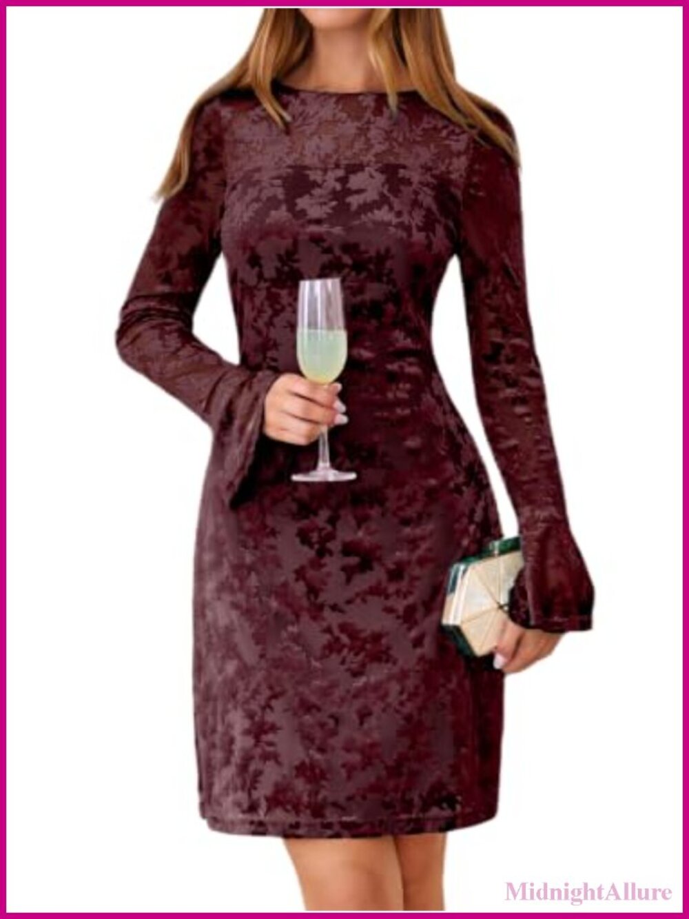 Burnout Velvet Floral Sheath Dress Long Sleeve Cocktail Wedding Guest